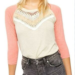Free People Spring Bound Crocheted 3/4 Sleeve Top